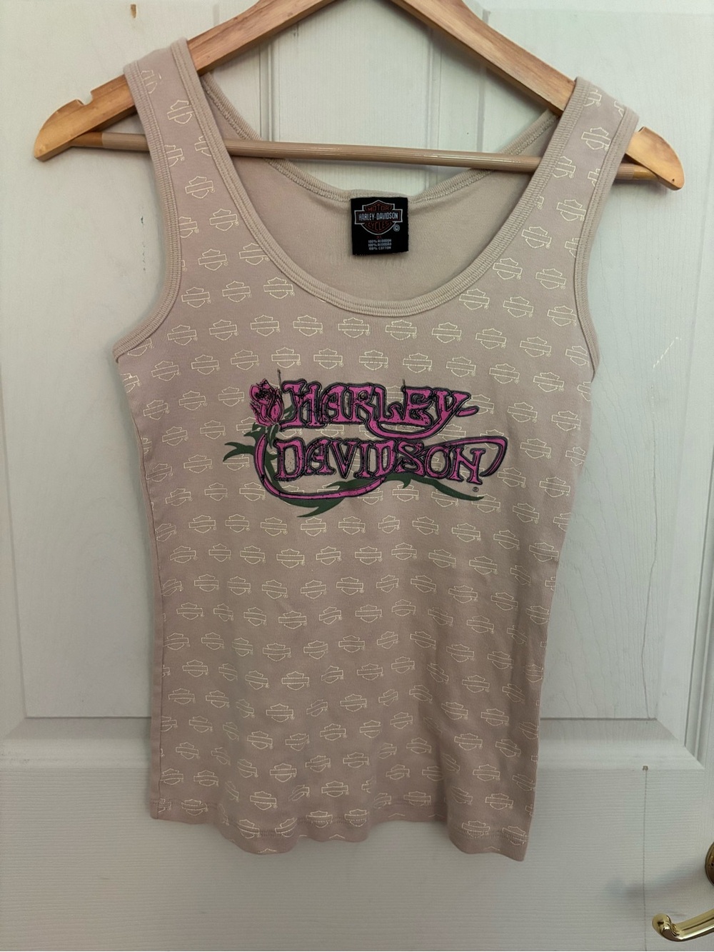 Harley-Davidson Beige Tank Top with Pink Green Logo